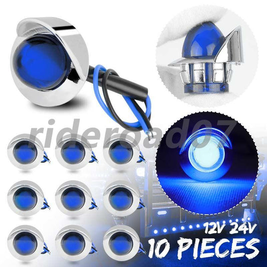 10Pcs Blue LED Bullet Clearance Side Marker Lights Round For Truck Trailer RV