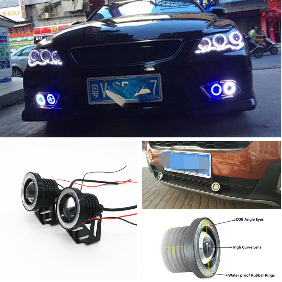 3 Blue/White Projector COB LED Car Fog Light Halo Angel Eyes Rings DRL