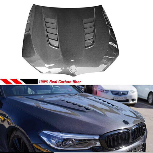 Enginne carbon fiber front hood panel protective cover for BMW G30, G38, and F90 (2018-2024).