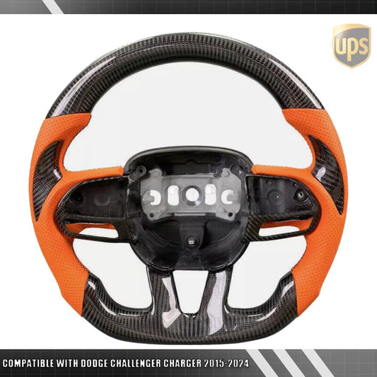 Orange Leatherl Carbon Fiber Steering Wheel for Dodge for Challenger Charger 15-2024