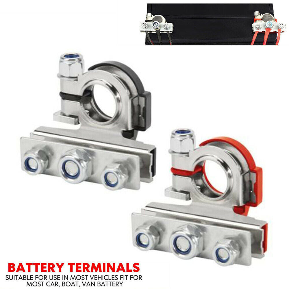 2 battery terminal connectors with 3 top post positive and negative ports for car/boat use.