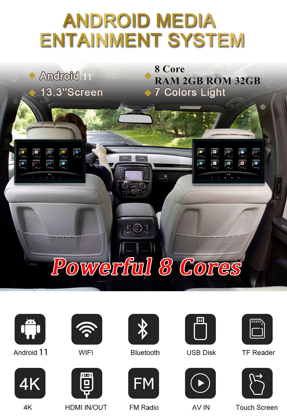 13.3In Car Headrest Player 2pcs Rear Monitor Video USB TF WIFI BT FM Androind 11