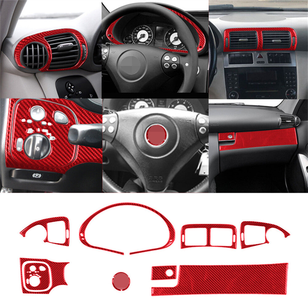 11Pcs Red Carbon Fiber Interior Dashboard Set Trim for Benz C Class W203 2005-07