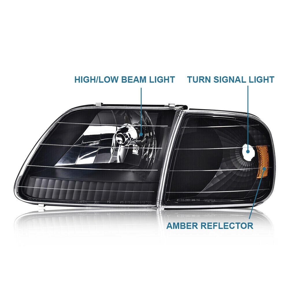 Suitable for Ford 97-03 F150 97-02 Expedition, black body shell, amber headlights, cornering lights.