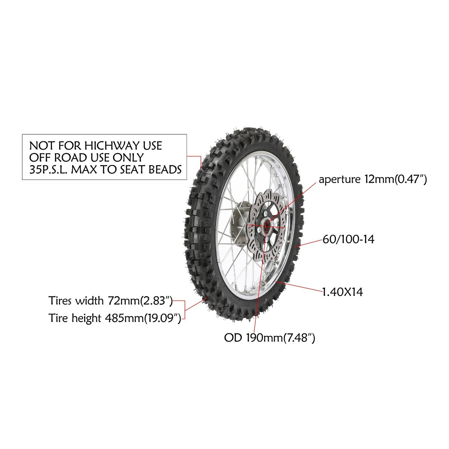 12mm 14-inch front rim with 60/100-14 Apollo SSR 125CC CRF 110cc Dirt Pit Bike