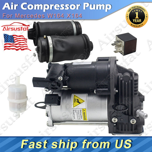 2x Rear Air Spring Bags+Air Compressor+Air Filter+Relay for Mercedes W164 X164