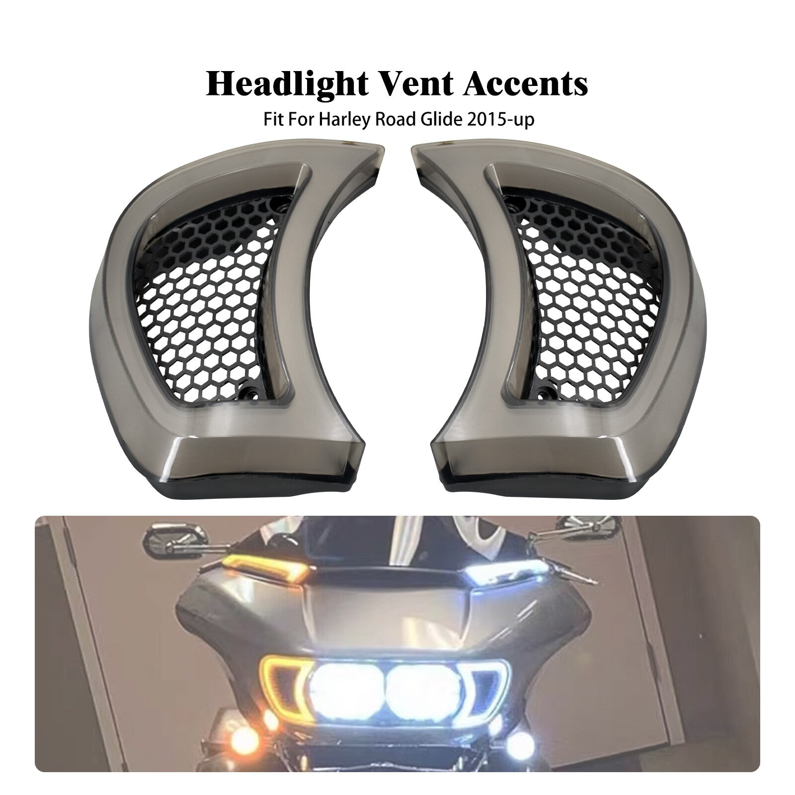 Headlight Vent Accent w/ Smoke Lens LED Light Fit for Harley Road Glide 15-2023