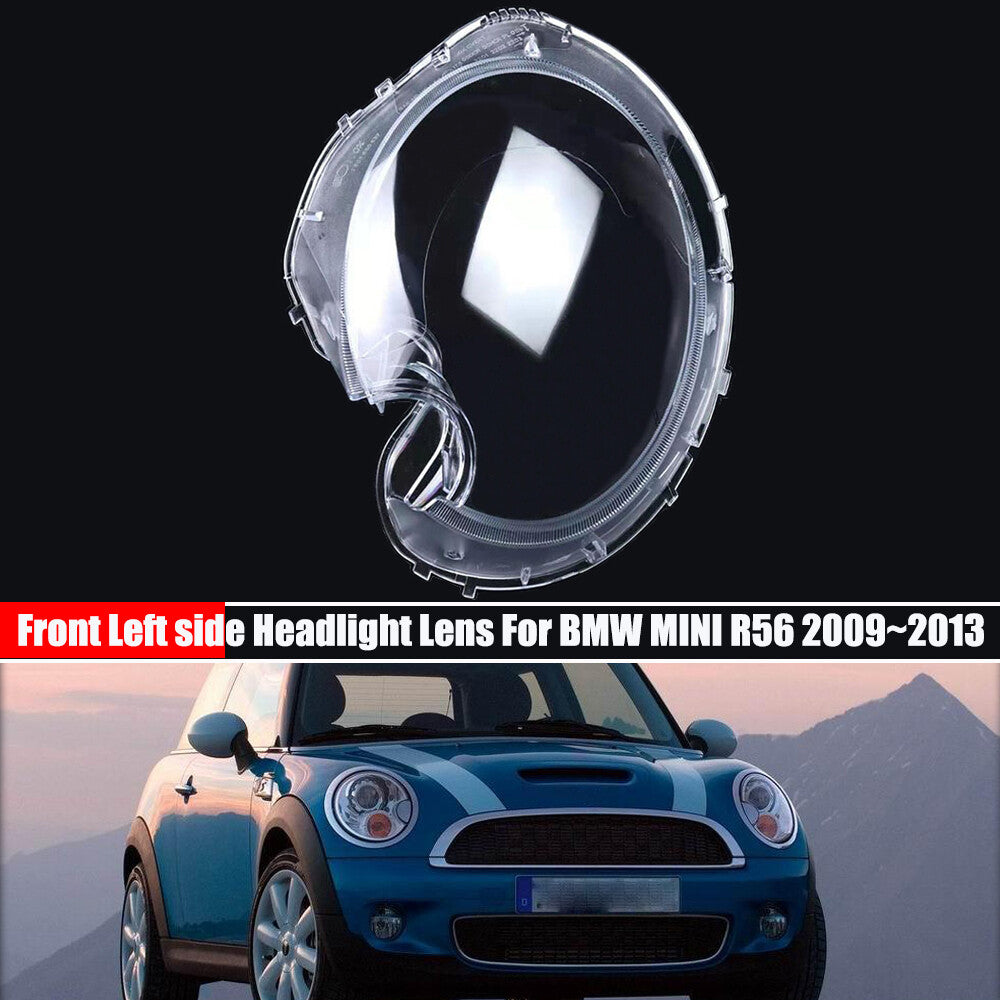 Transparent front cover for left headlight lens, suitable for Mini R56 Cooper Hatchback 2009-13