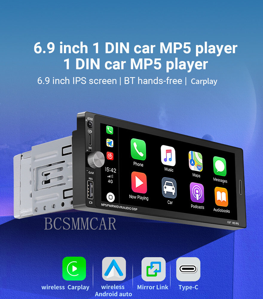 6.9Inches 1Din Video Touchscreen Radio W/Cam For Apple Carplay Android Auto