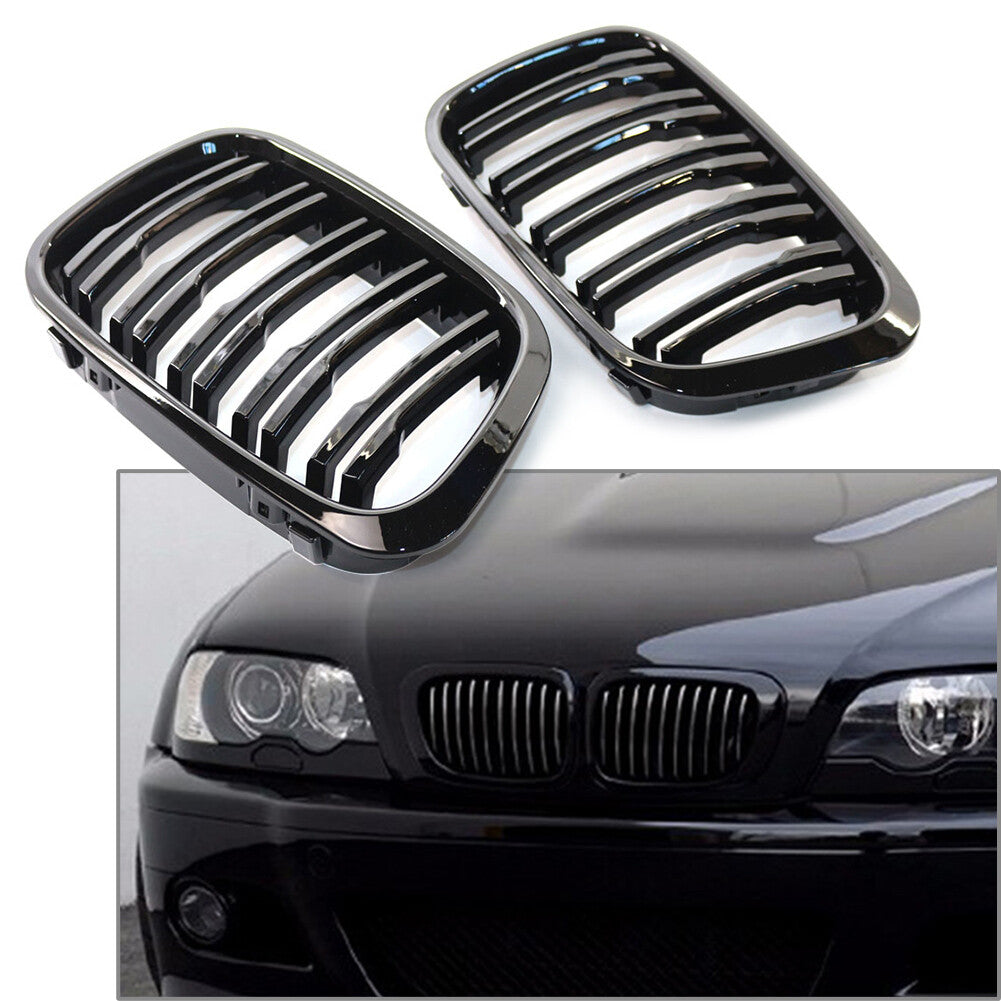 Pair Gloss Front Twin Bar Grille Grills FIT for BMW 3 Series E46 1999-01 4 Door