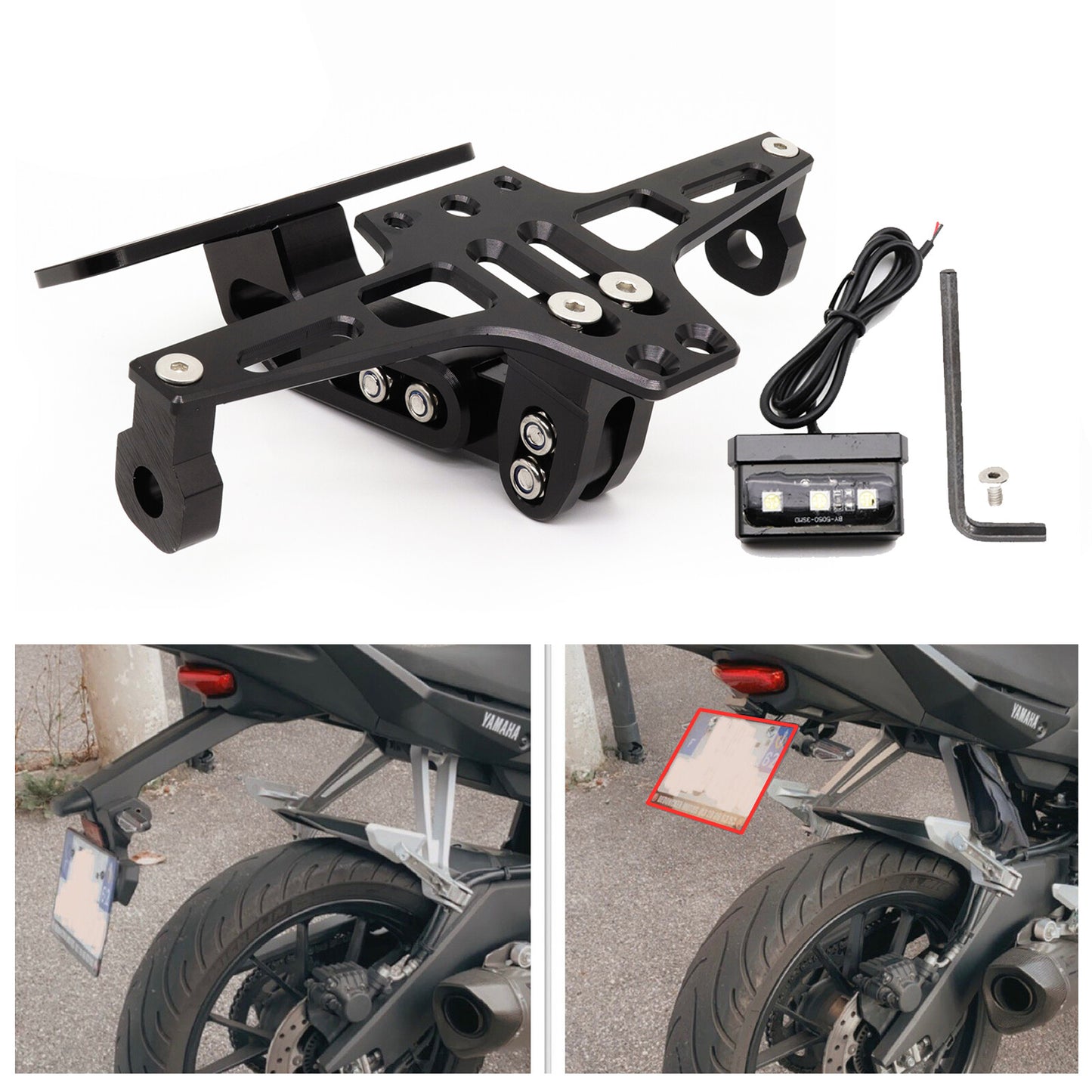 Universal Motorcycle License Number Plate Holder Tail Tidy Bracket LED CNC Black