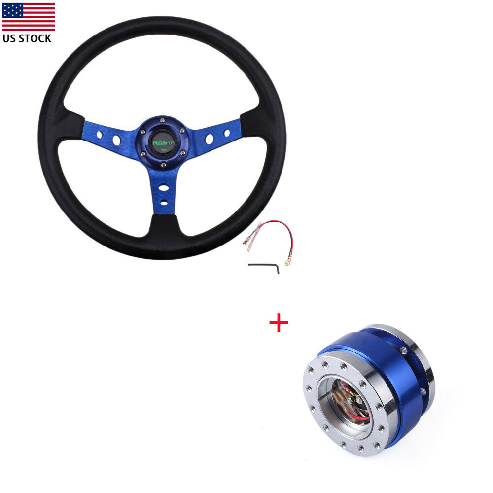 14 6 Hole Drifting Racing Steering Wheel +Quick Release Adapter Blue Aluminum