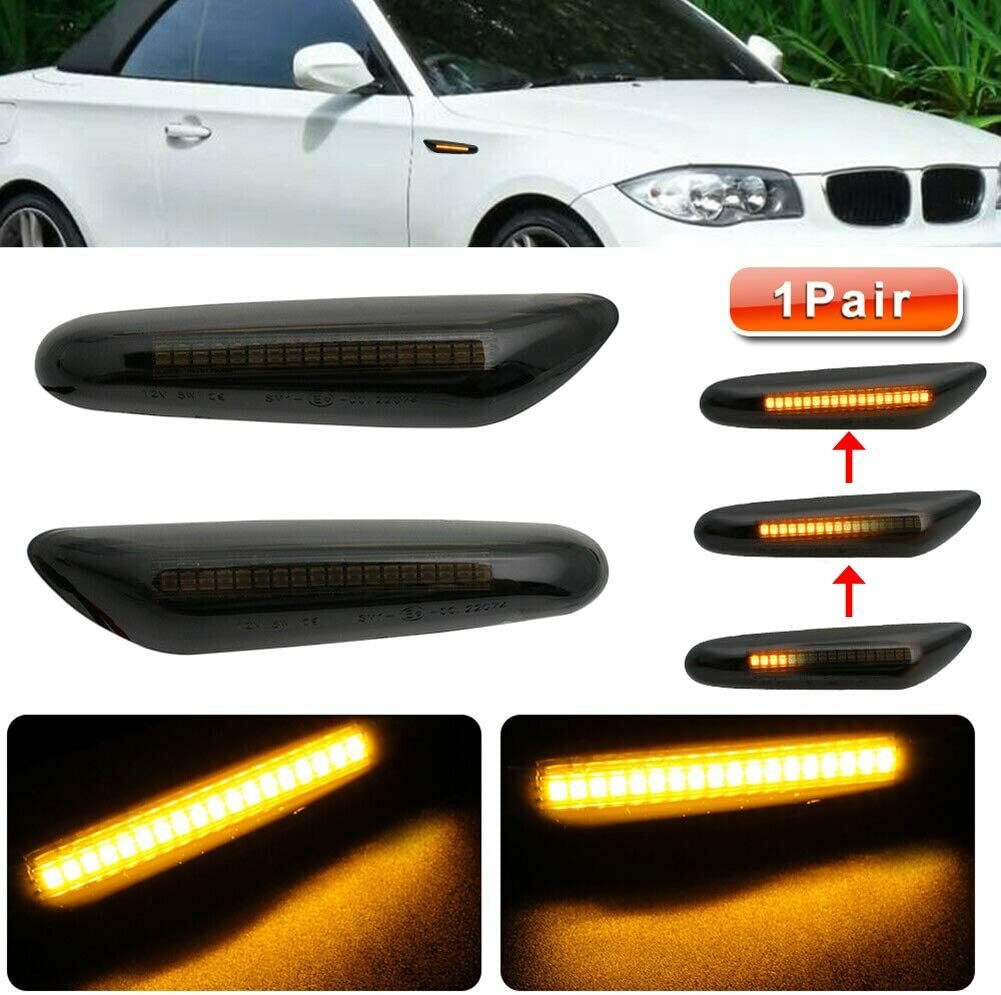 A pair of LED side marker lights with dynamic turn signals are suitable for BMW E90, E91, E92, E93, E46, and E60.