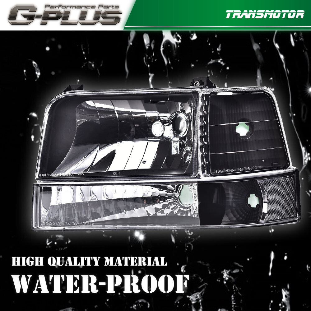 Headlights with corner signal bumper lights applicable to 1992-1996 for Ford F150, F250, and F350 models.
