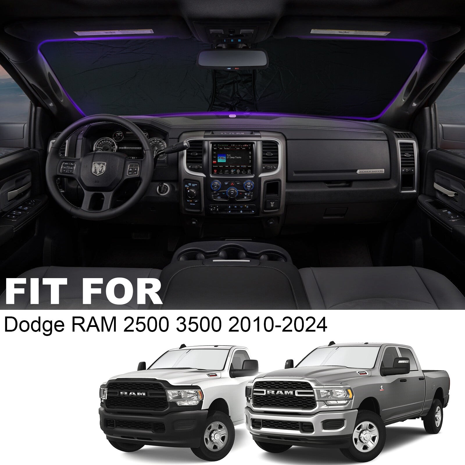 For 2010-2024 for Dodge for Ram 2500 Cab Windshield Sun Shade Heat Block Foldable Cover