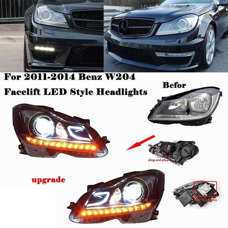 Fits 11-14 for Mercedes W204 Upgrade to LED DRL Headlights C63 Style Look L+R Pair