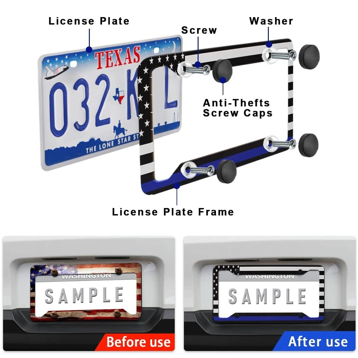 2X For Silverado 1500 US Flag Patriotic Car License Plate Frame Front Rear Cover