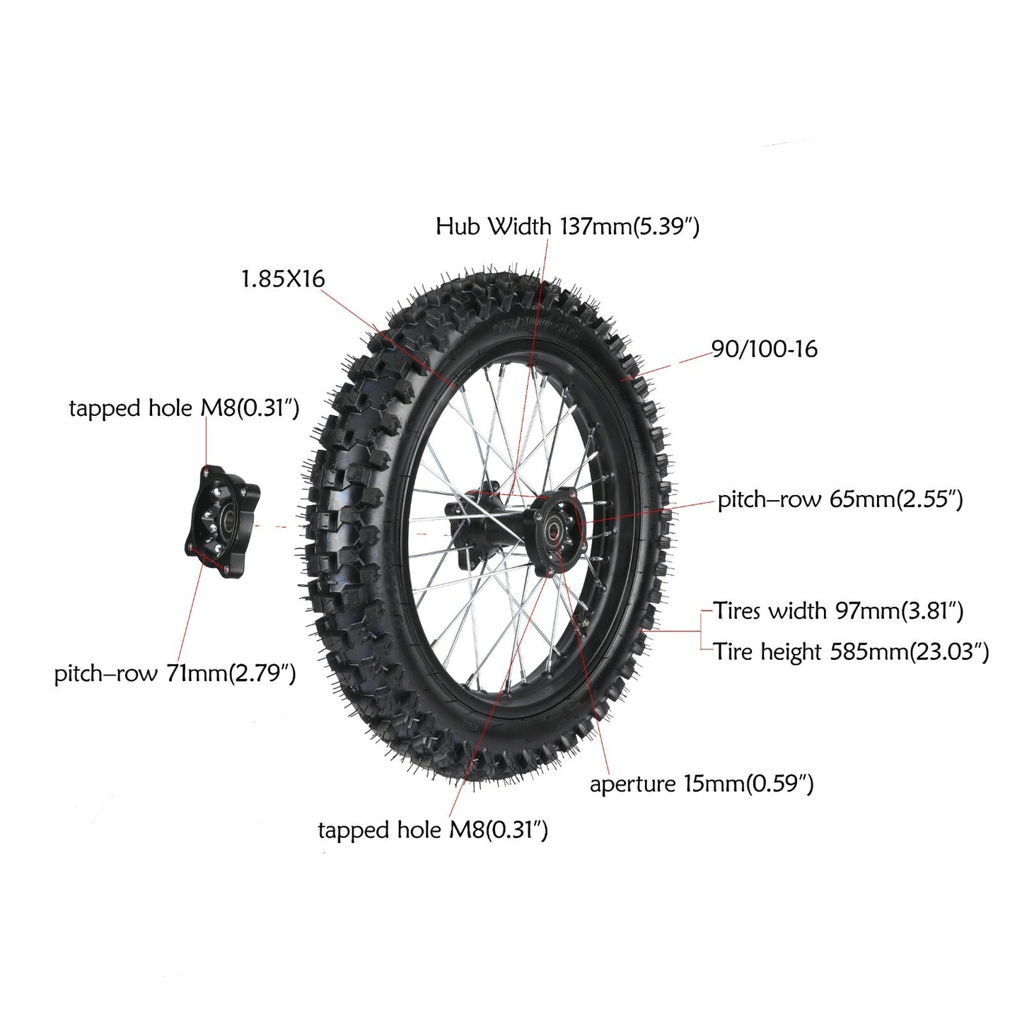 Front 70/100-19 + Rear 90/100-16 rim assembly for Dirt Pit bicycle XR100 TTR