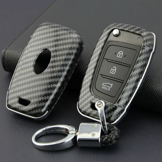 Carbon Fiber Flip Key Cover Case Chain for Hyundai for Elantra Santa Fe Accent