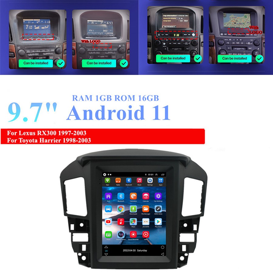9.7 Android 11 Stereo Radio Head Unit GPS Wifi 1+16G for Toyota Harrier 1997-03