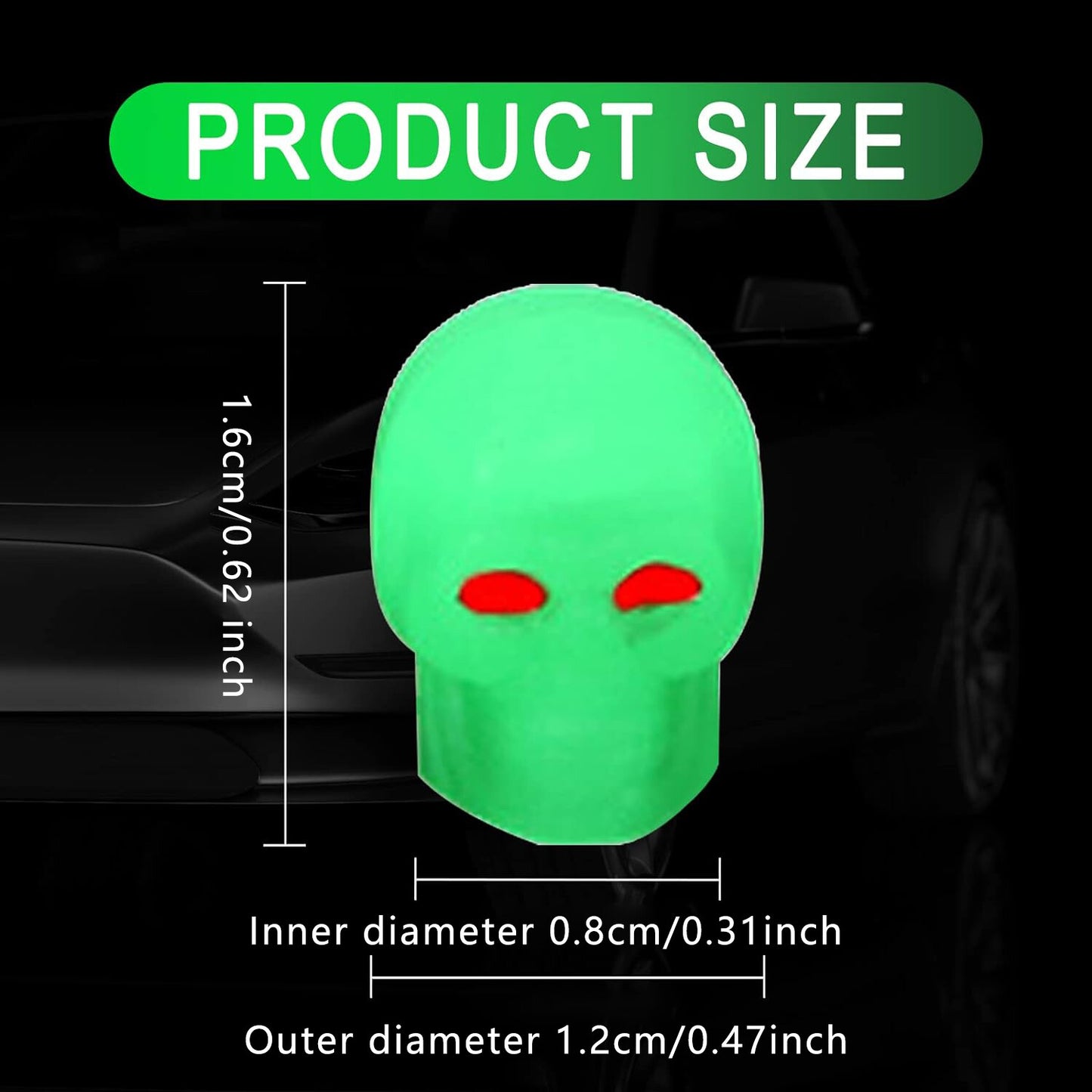 4Pcs Luminous Skull Wheel Tire Caps Air Valve Stem Cover Universal Green