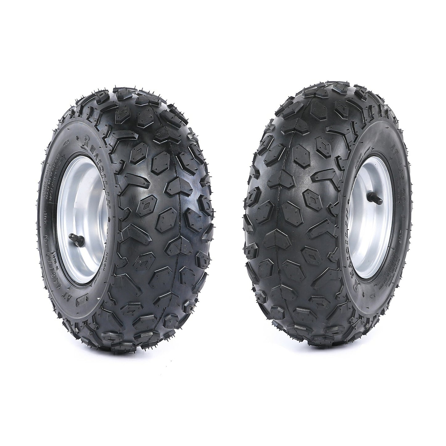 A pair of 145/70-6 tires, rims, and axle hubs suitable for 70, 90, and 110cc Taodao four-wheel all-terrain go-karts.