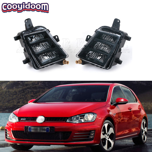 A pair of white front LED DRL fog lights suitable for Volkswagen for Golf 7, A7, MK7, GTI, and GTD models from 2013 to 2017.