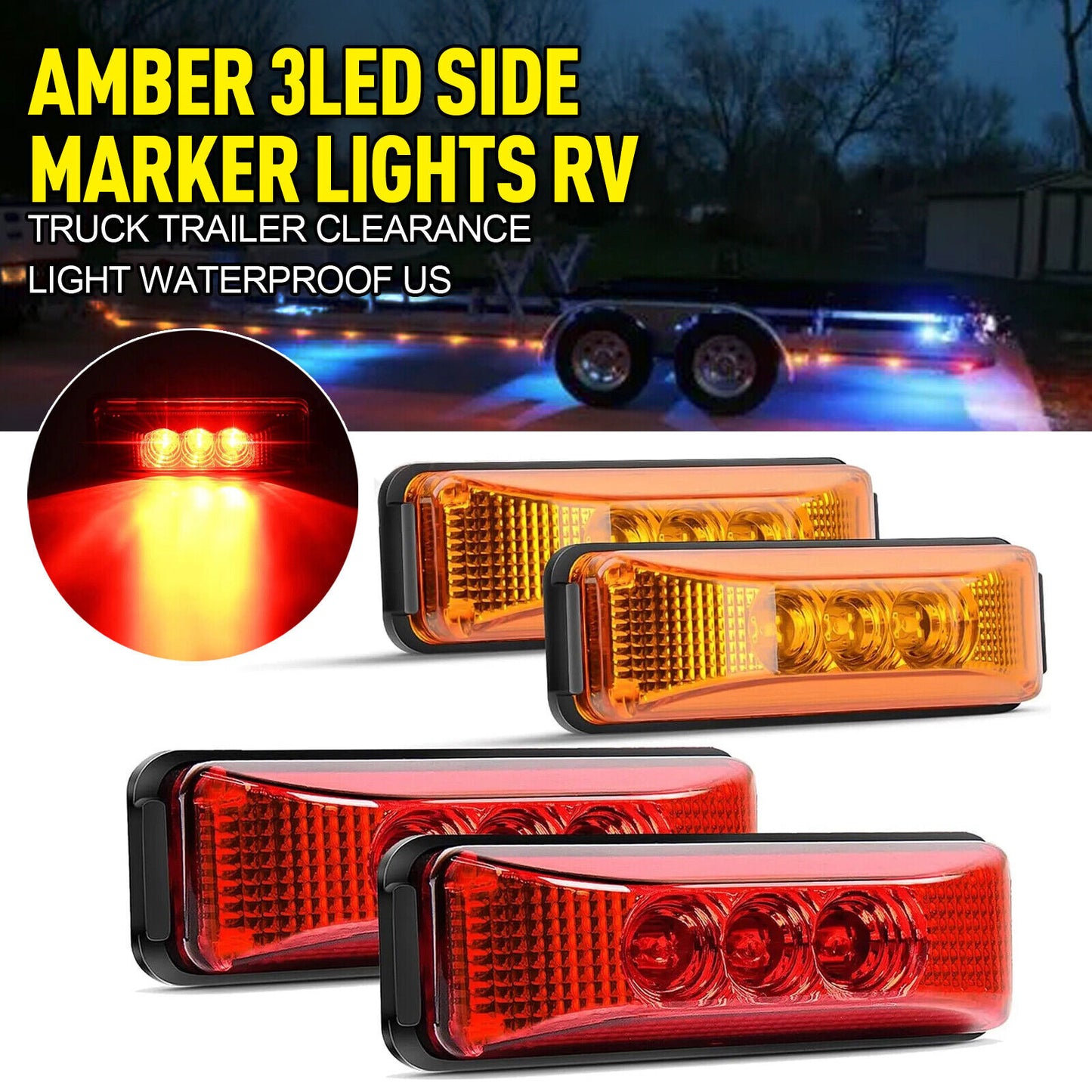 4-Pack Amber 3LED Side Marker Lights for RVs, Trucks, and Trailers - Waterproof.