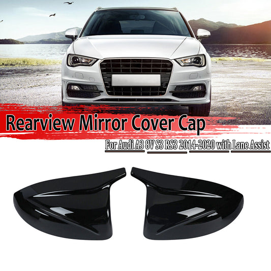 A pair of glossy black side mirror covers for Audi A3 S3 2014 - 20 with lane assist.