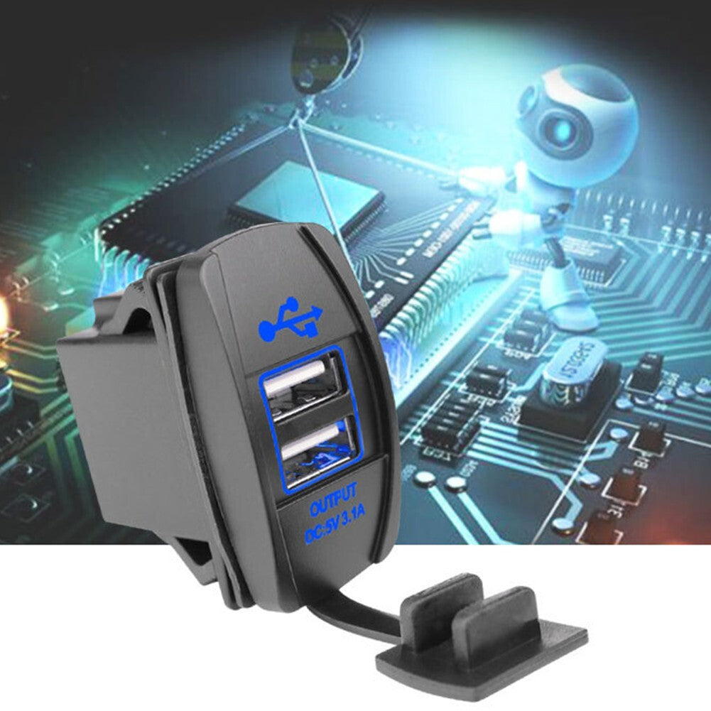 Dual USB Power Charger Rocker Switch Blue LED Light Panel 12-24V For Car UTV