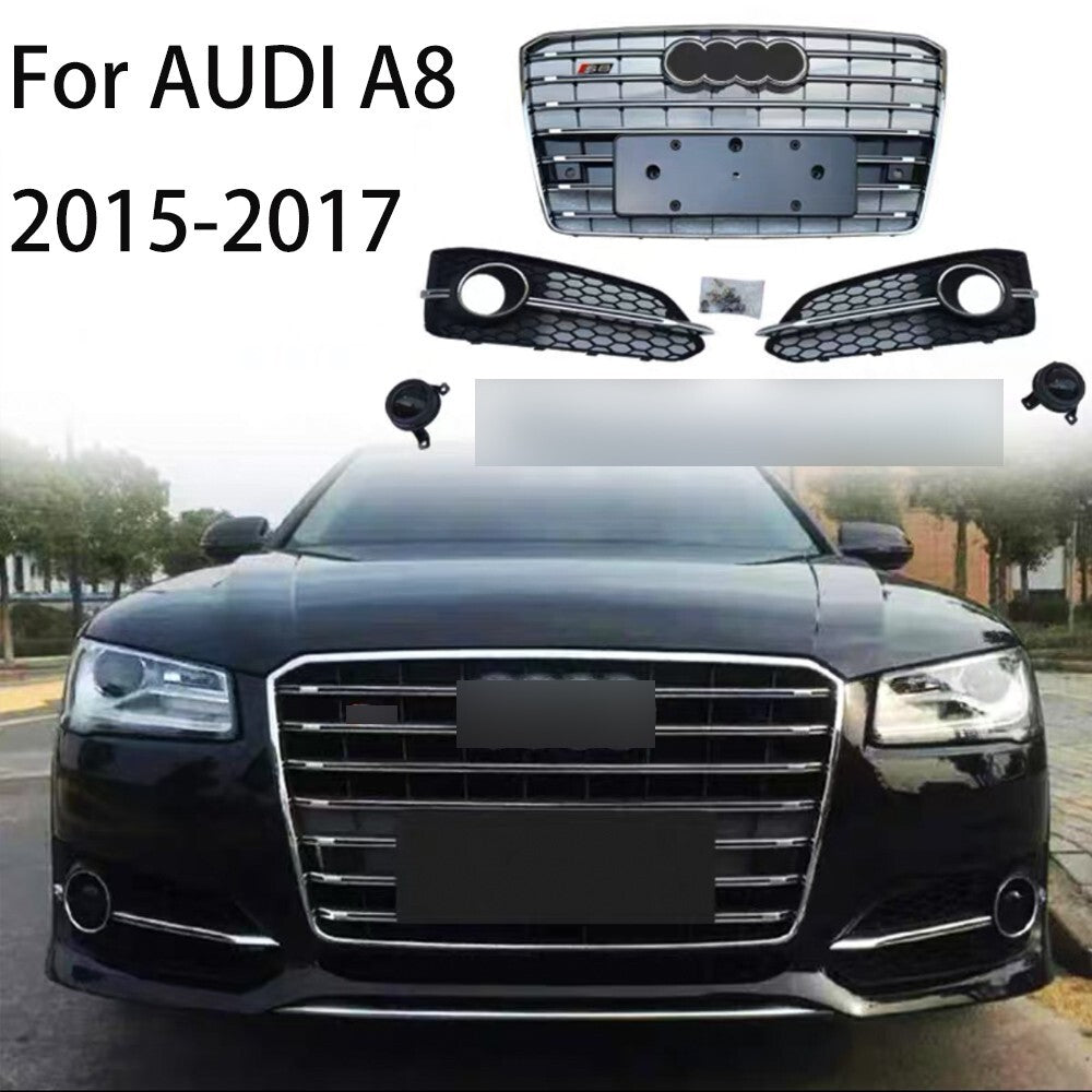 Front Bumper Grille+Fog Light Grill Frame Cover Fit for Audi for A8 2015-17 S8 Style