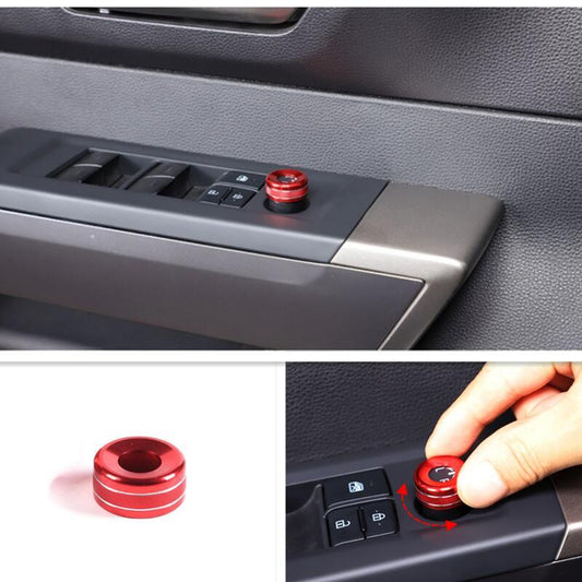 Protective cover for red aluminum rearview mirror adjustment knob, suitable for Toyota Tundra 2022-2024.