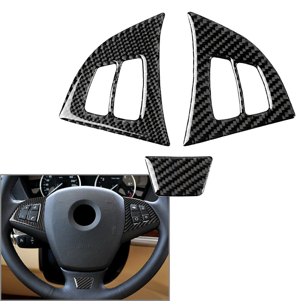 3Pcs Interior Inner Carbon Fiber Steering Wheel Cover Trim for BMW X5 X6 E70 E71