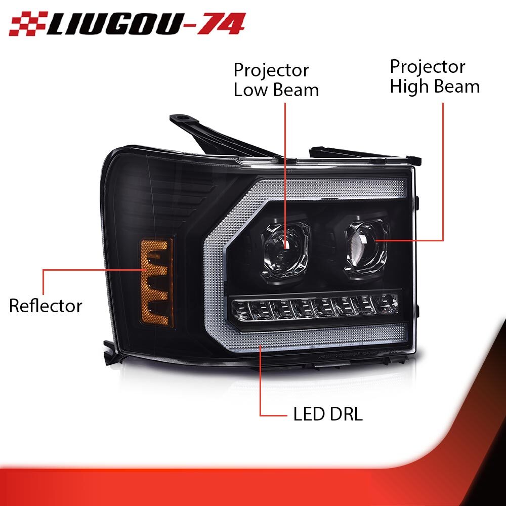 new LED DRL tube projector headlight suitable for 07-13 for GMC for Sierra 1500 2500HD 3500HD projectors.