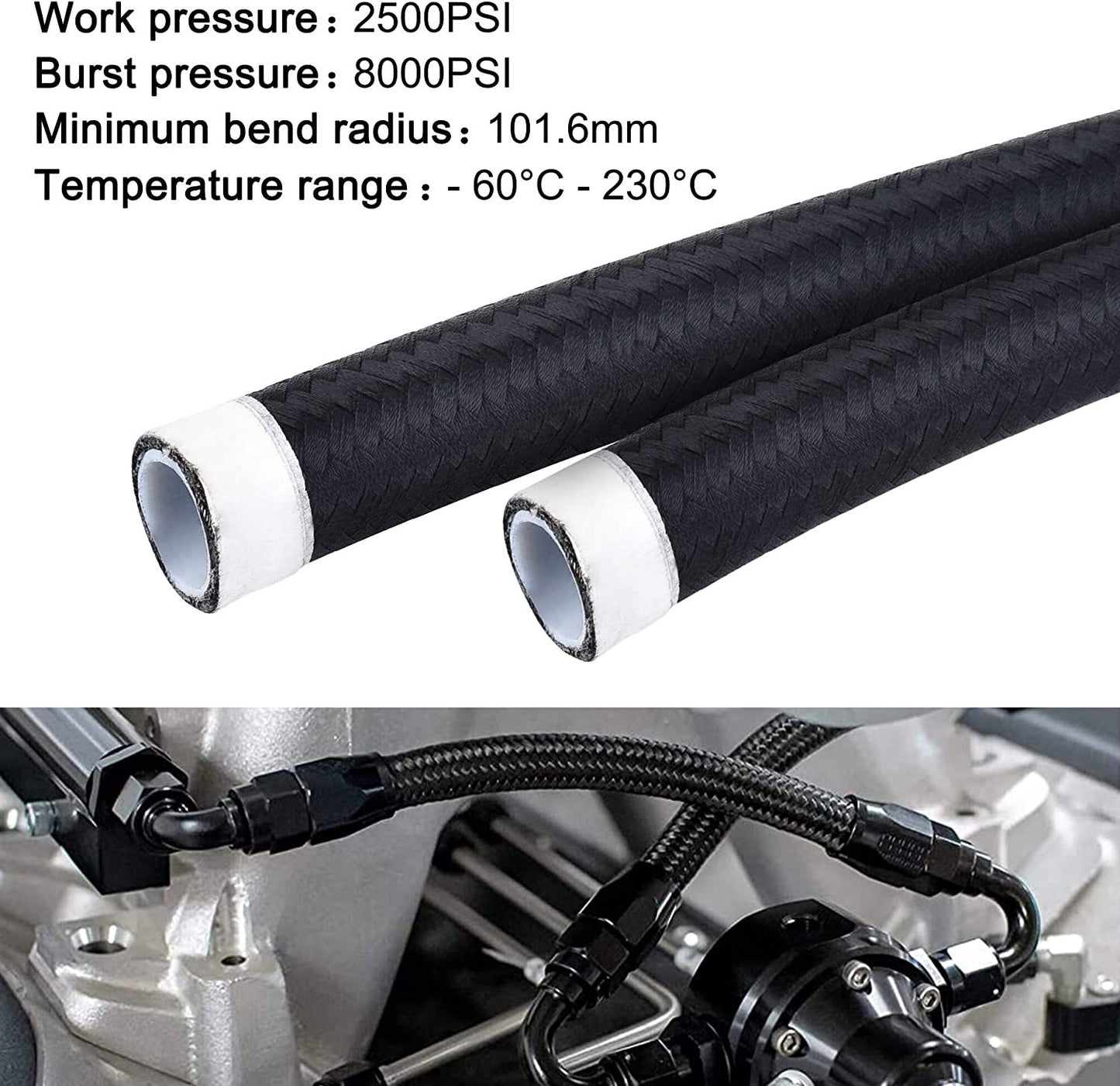 8AN AN8 Black 20ft Nylon Braided PTFE Fuel Line 10 Adapter Fitting Hose for E85