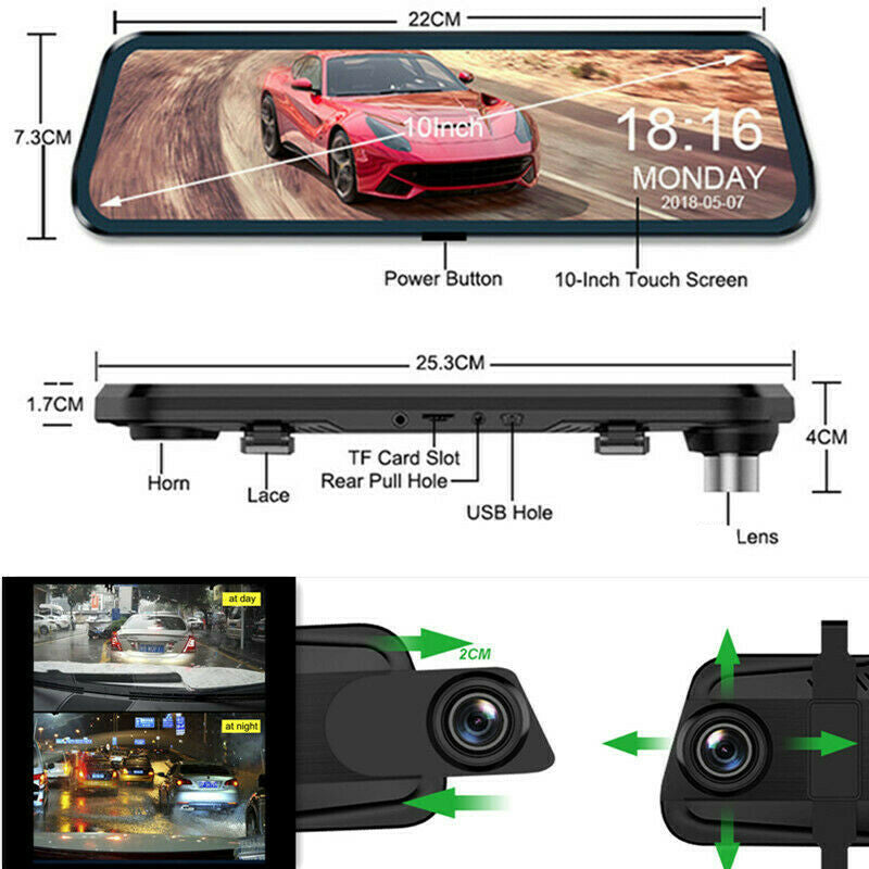 Car 10in Touch Screen Video Recorder Rear View Camera Mirror Night DVR Dash Cam