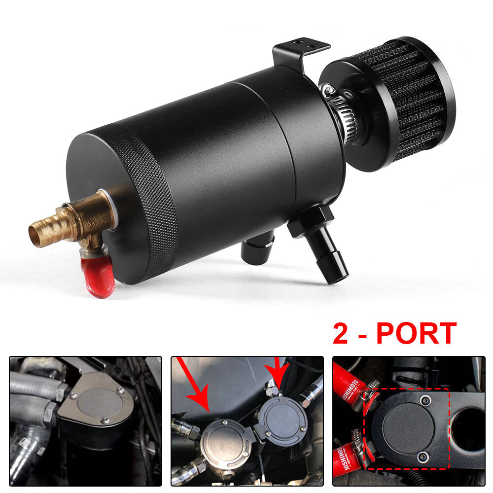 Universal 2-Port Oil Catch Can Tank Reservoir With Filter Compact Baffled Parts