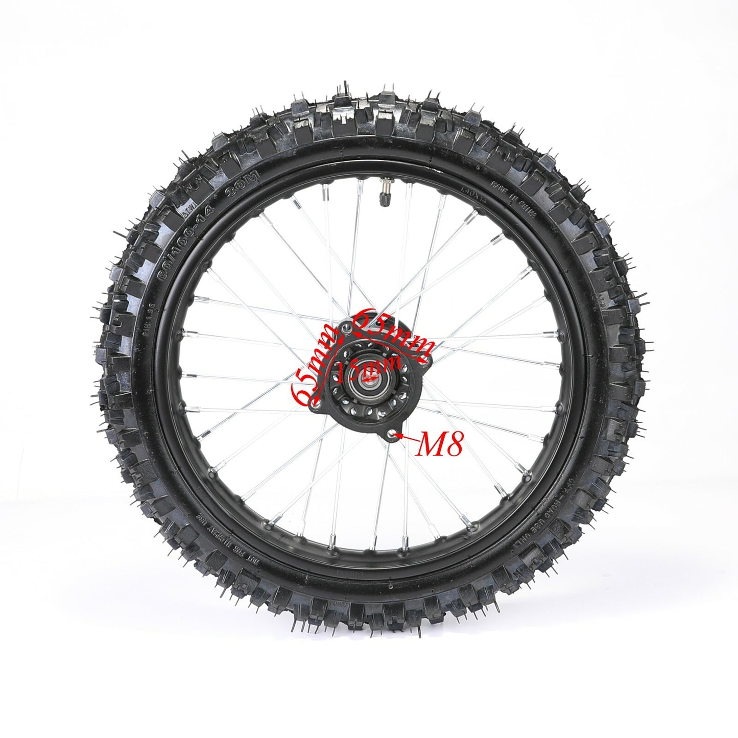 1.4x14 inch front wheel, 60/100-14 tire, rim + brake disc, Apollo RFZ 110 BBR bicycle.