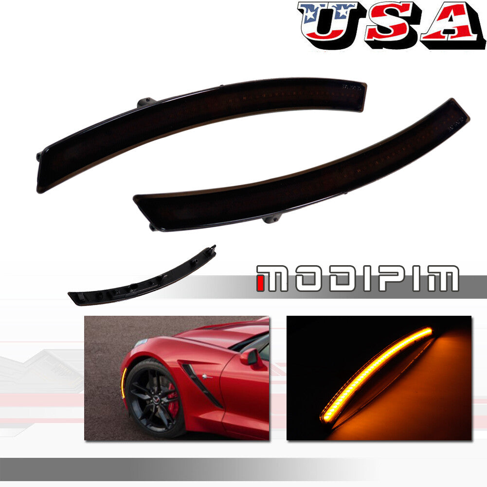 Suitable for 14-19 for Chevrolet for Corvette C7 Smoked Lens Front Bumper Amber LED Side Marker Lights