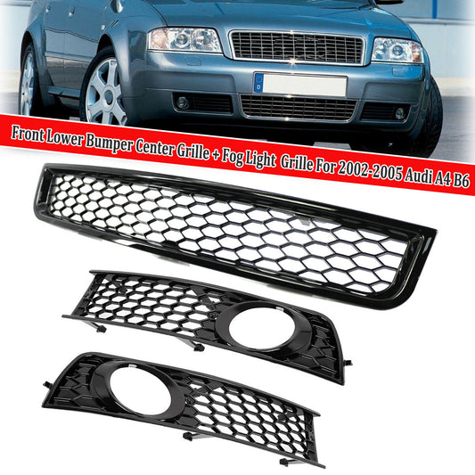 Suitable for 2002-2005 for Audi A4 B6: Honeycomb front bumper lower grille + fog light grille.