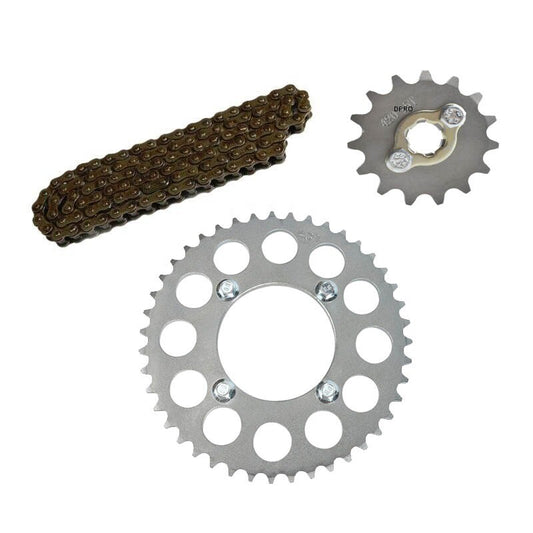 420 chain + front and rear sprockets suitable for 70cc, 110cc, 125cc, and 150cc Dirt Pit bicycles, all-terrain vehicles, and four-wheelers.