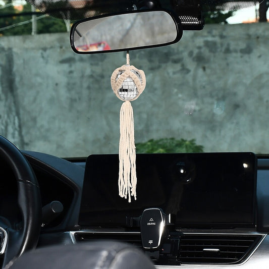 Car Silver Disco Ball Rear View Mirror Hanging w/ Woven Lines for Women Girls