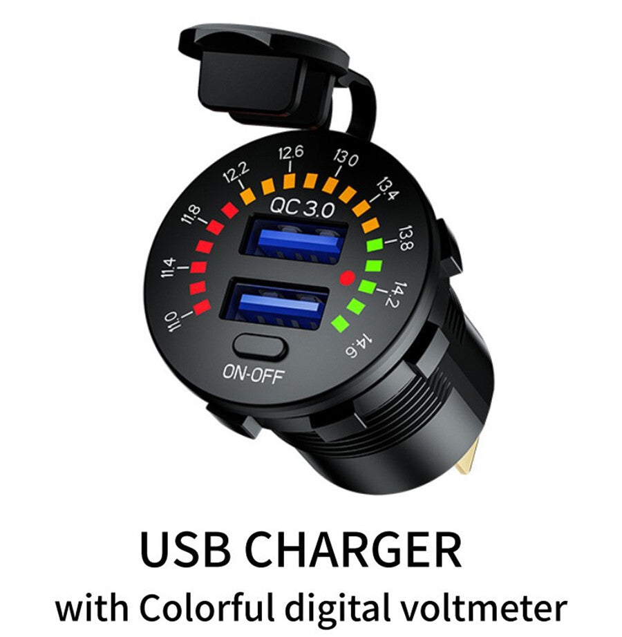 12V/24V QC 3.0 Car Charger Socket Dual USB Port Fast Charging With LED Voltmeter