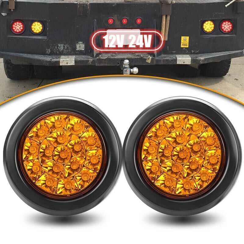 2X 4INCH Round Yellow 16 LED Truck Trailer Van Brake Stop Turn Signal Tail Light