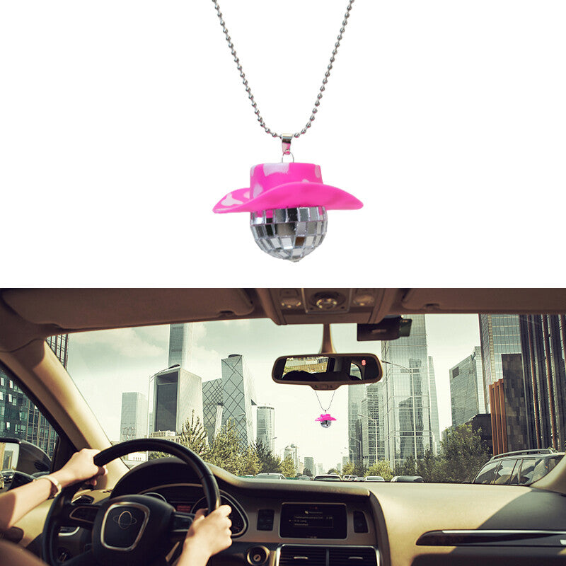 Cowboy Hat Disco Ball Car Ornamen Rearview Mirror Hanging Acessory Cow Pink