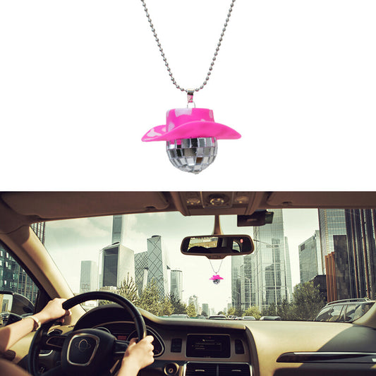 Cowboy Hat Disco Ball Car Ornamen Rearview Mirror Hanging Acessory Cow Pink