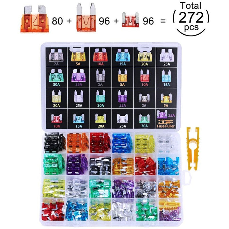 272pcs 5A10A15A20A25A30A for Mini /Small/Medium Car Mixed Standard Blade Fuse Box Kit