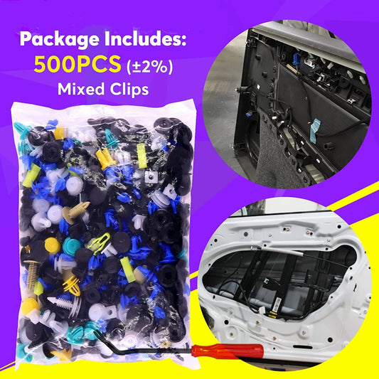 500-piece pack of automotive trim fastener clips and retainers for bumpers, car bodies, nylon door panels, and GM clips.