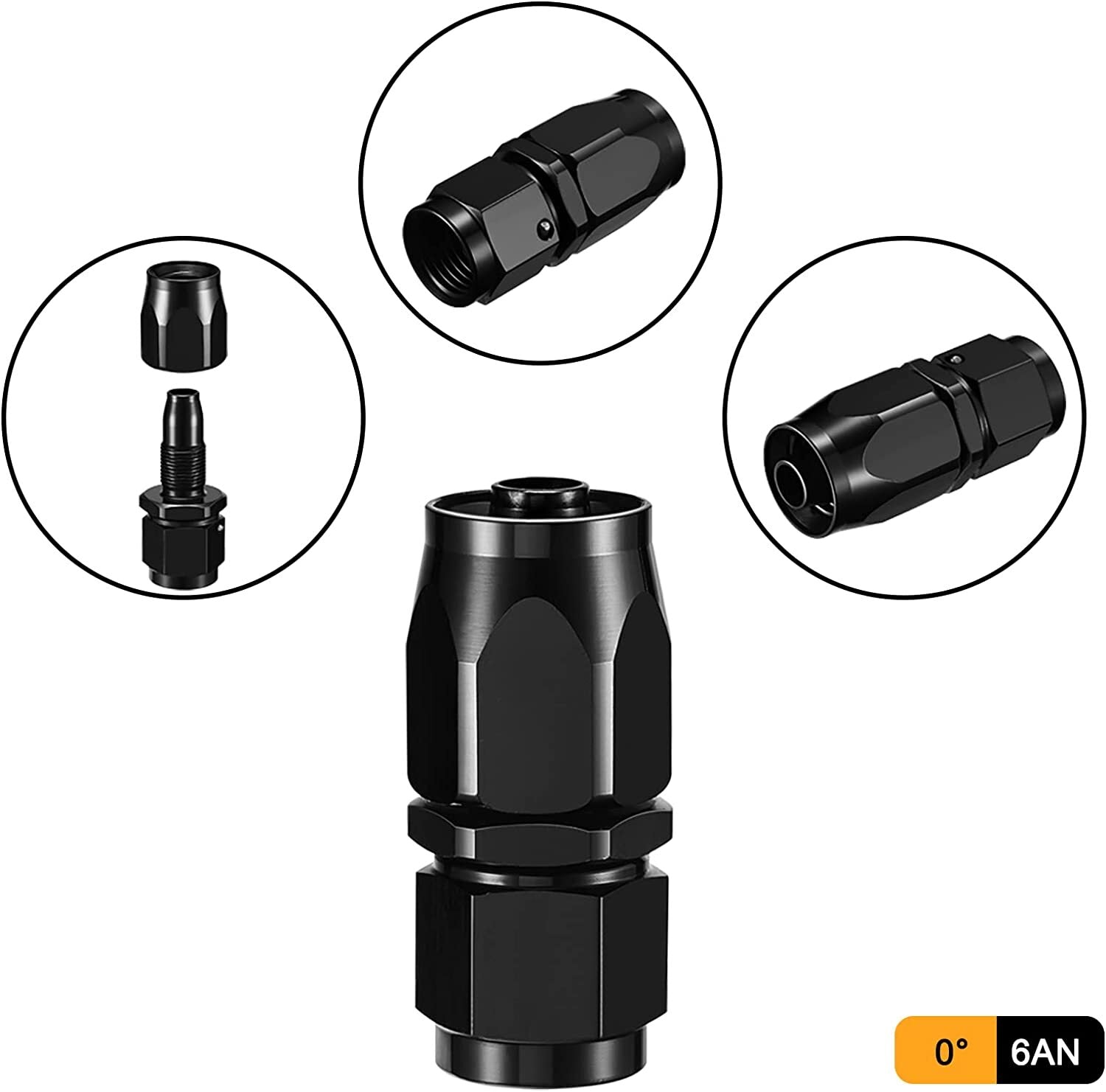 2-pack 6AN AN6-6AN 0 degree black rotary fuel hose end fittings and adapters