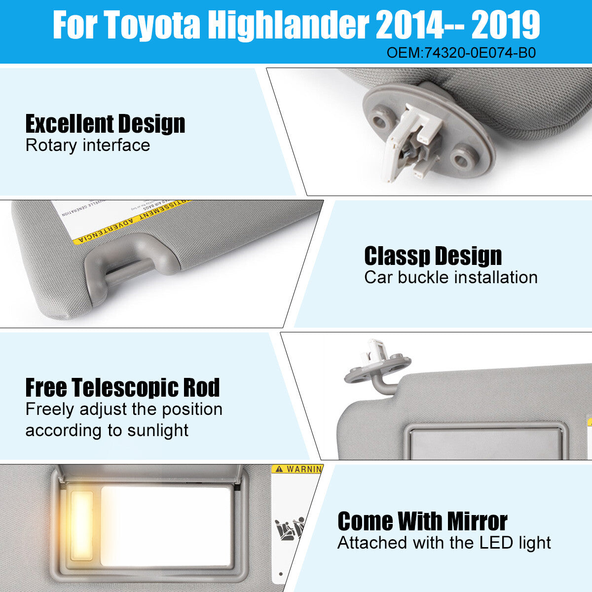 Left Sun Visor 74320-0E074-B0 for Toyota Highlander With Vanity Light 2014-2019